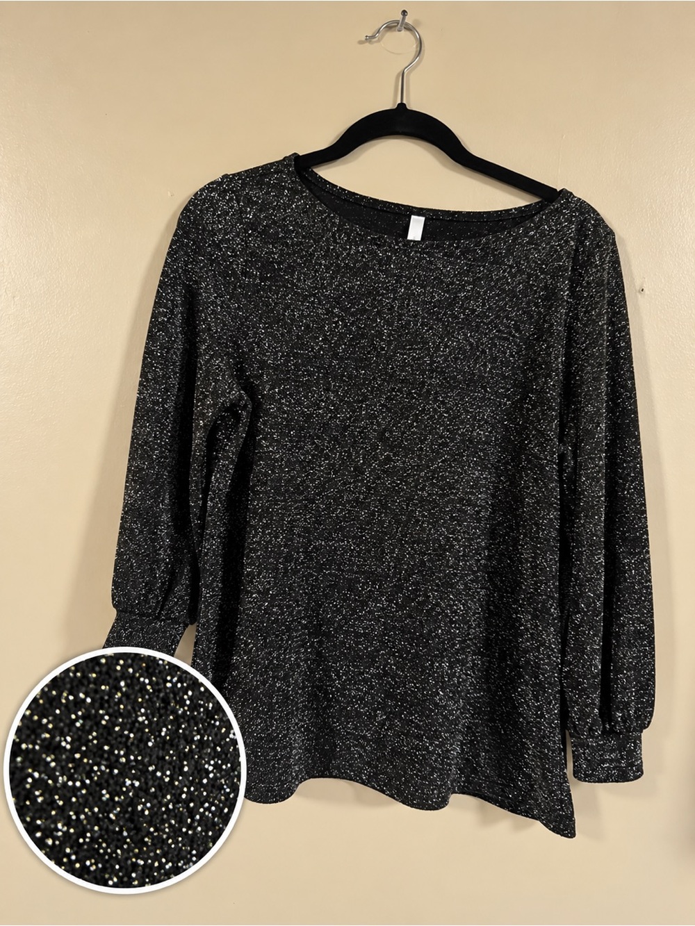 NY Collection Glitter-Thread Black Long Sleeve Top